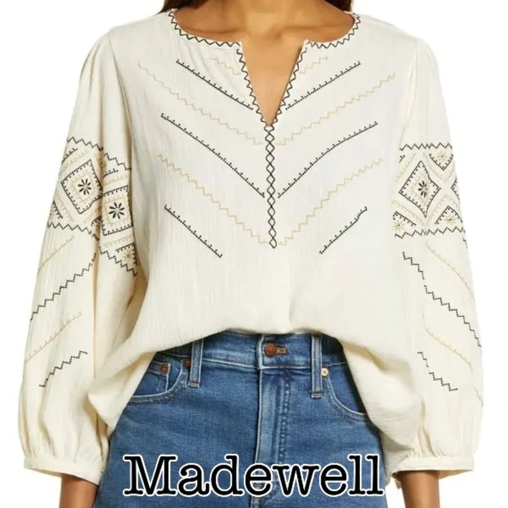 Madewell Women's Cream Embroidered Top Size Medium - Picture 1 of 11